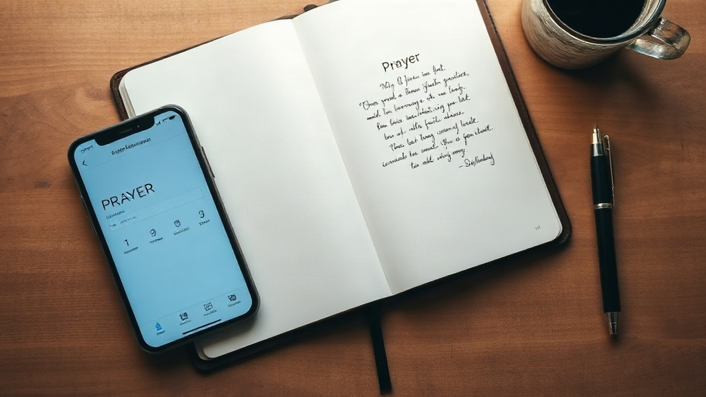 Flat-lay of prayer journal, phone with prayer app, verse index card, and pen for building prayer habits