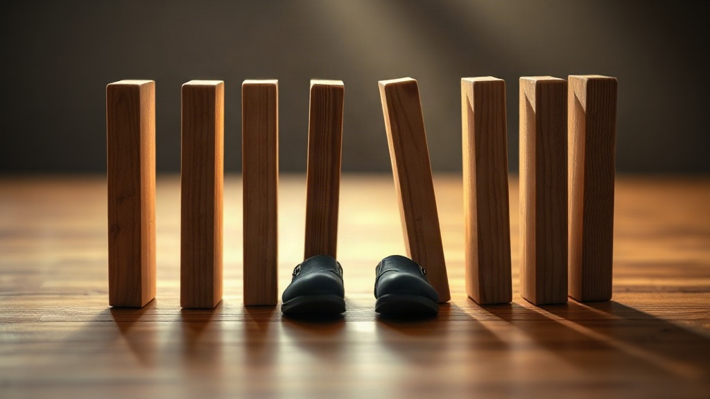 Falling dominoes lined up toward a pair of children's shoes representing built-up anger triggers