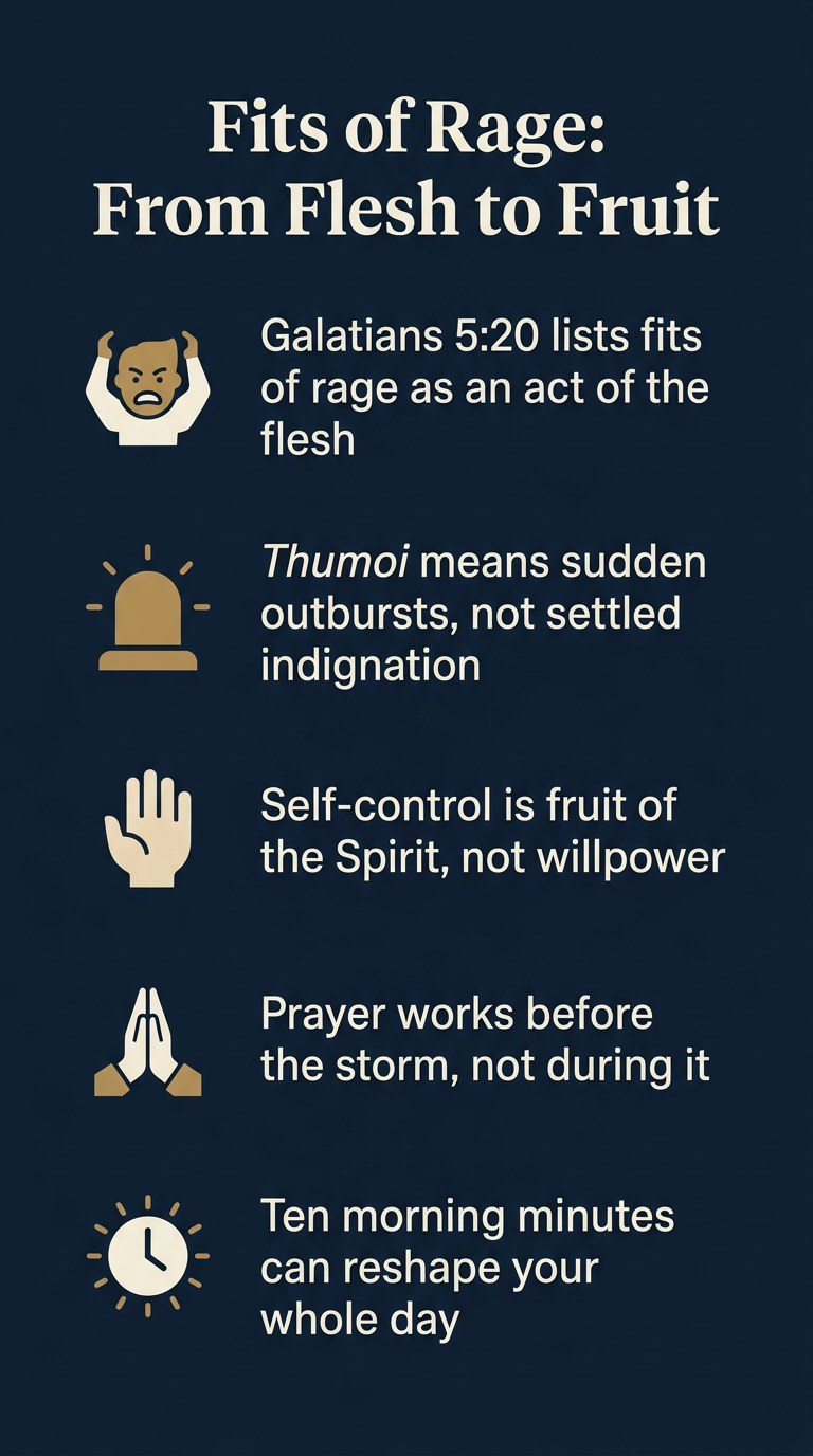 Infographic summarizing the biblical meaning of fits of rage and how morning prayer grows self-control