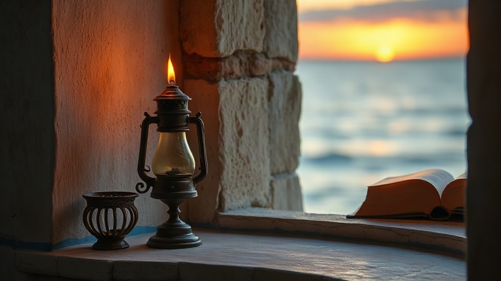 Ancient oil lamp burning on a stone windowsill at dawn, symbolizing prayer that keeps the heart soft