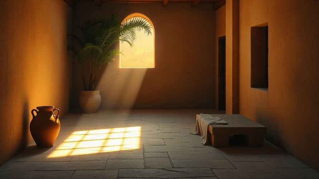 Quiet ancient courtyard at sunrise with a clay water jar and folded linen, illustrating gentleness in ordinary morning moments