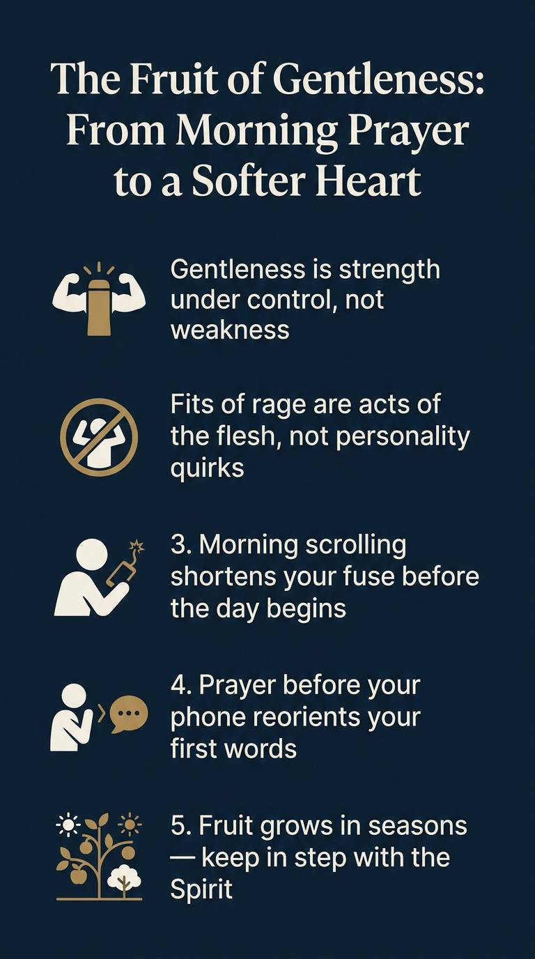 Infographic summarizing how daily prayer before phone use cultivates the fruit of gentleness