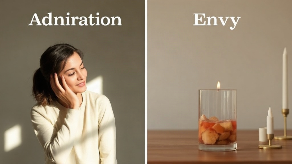 Comparison chart showing the difference between admiration and envy in thoughts and reactions