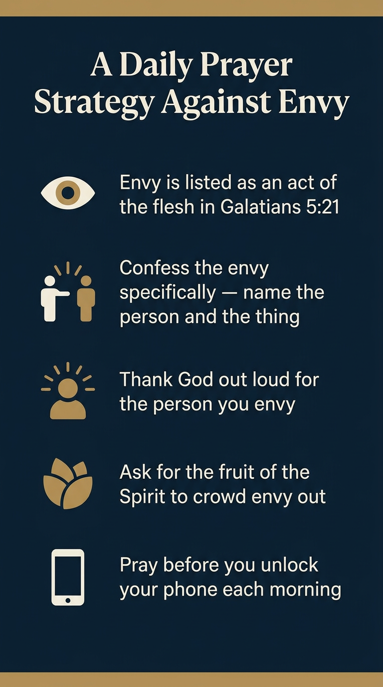 Infographic summarizing a four-step daily prayer strategy against envy based on Galatians 5