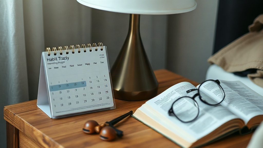 Daily prayer habit tracker beside a Bible on a nightstand, showing consistent morning prayer for sobriety