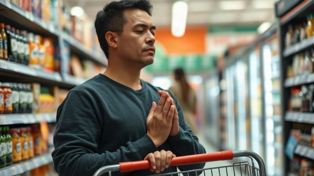 Person pausing in prayer in a store aisle while resisting the urge to buy alcohol