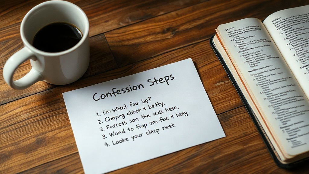 Handwritten card with a four-step daily confession prayer pattern beside a coffee mug and Bible