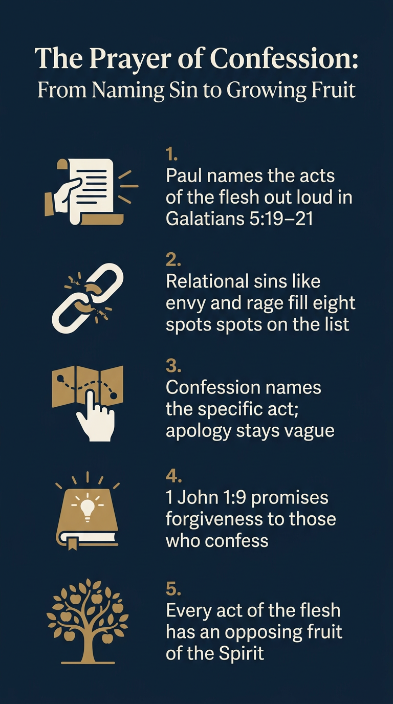 Infographic summarizing the prayer of confession, Galatians 5 acts of the flesh, and the fruit of the Spirit