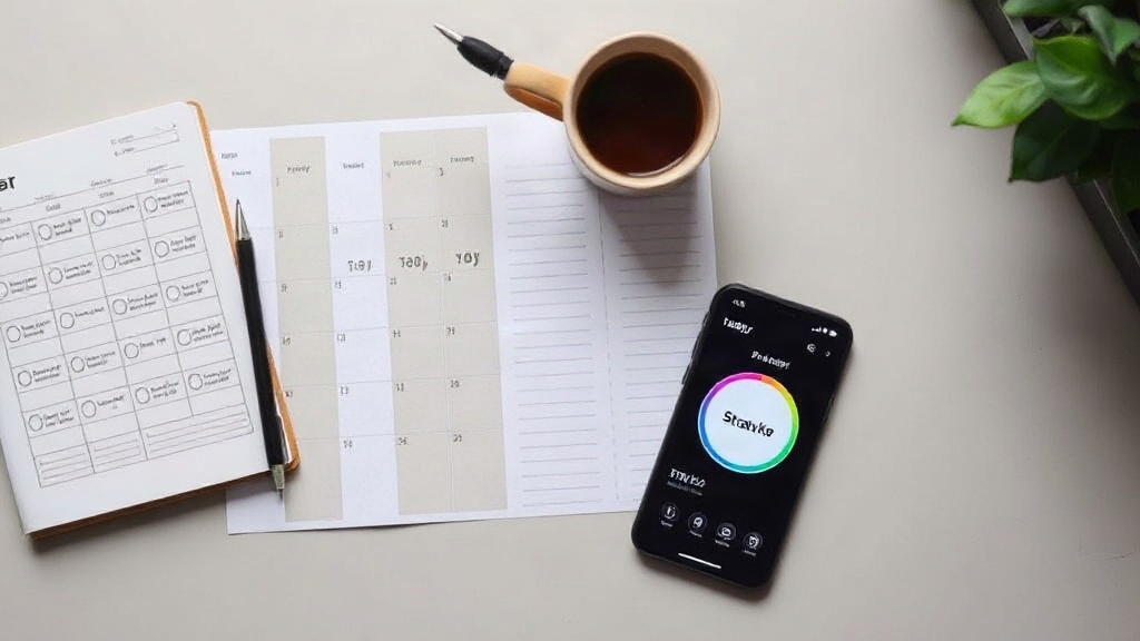 Paper calendar with checkmarks, coffee cup, pen, and smartphone showing a prayer streak tracker on a desk