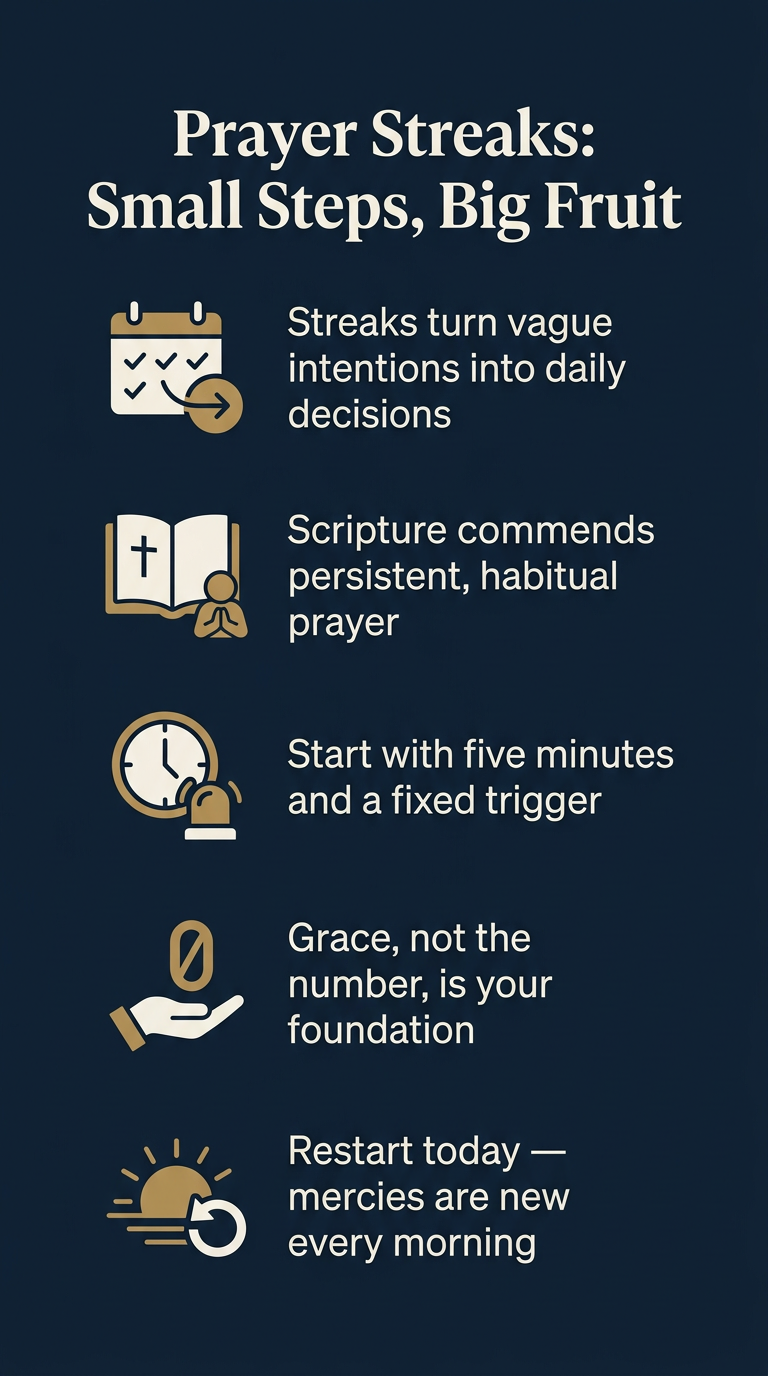 Infographic summarizing the benefits and biblical basis of prayer streaks, with practical tips and a grace-centered approach