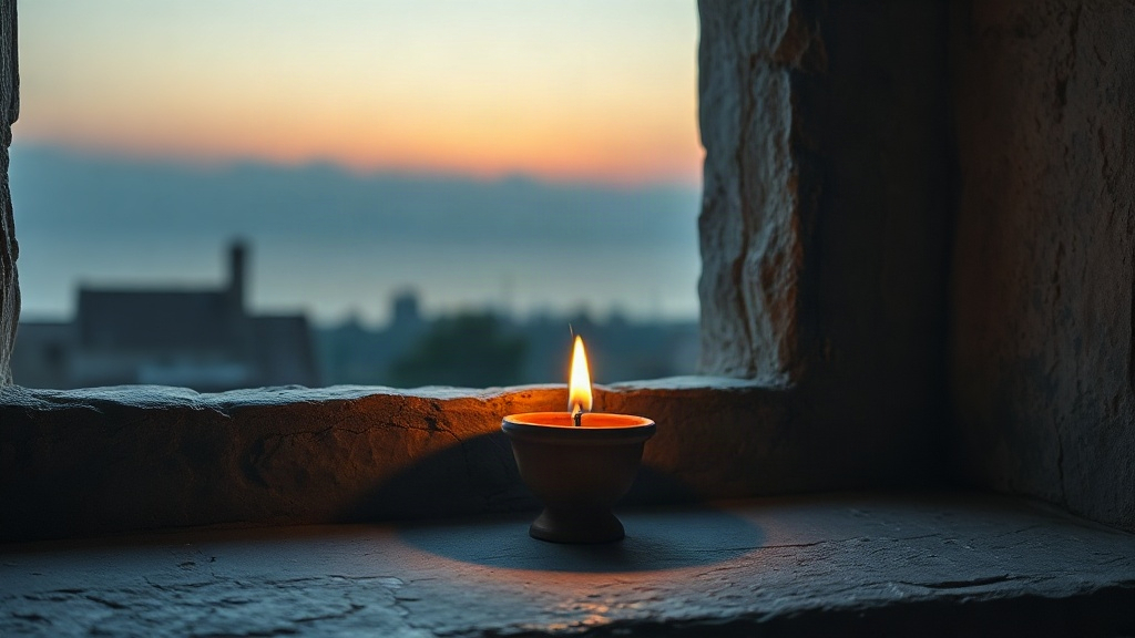 A clay oil lamp burning on a stone windowsill at dusk in an ancient Israelite home
