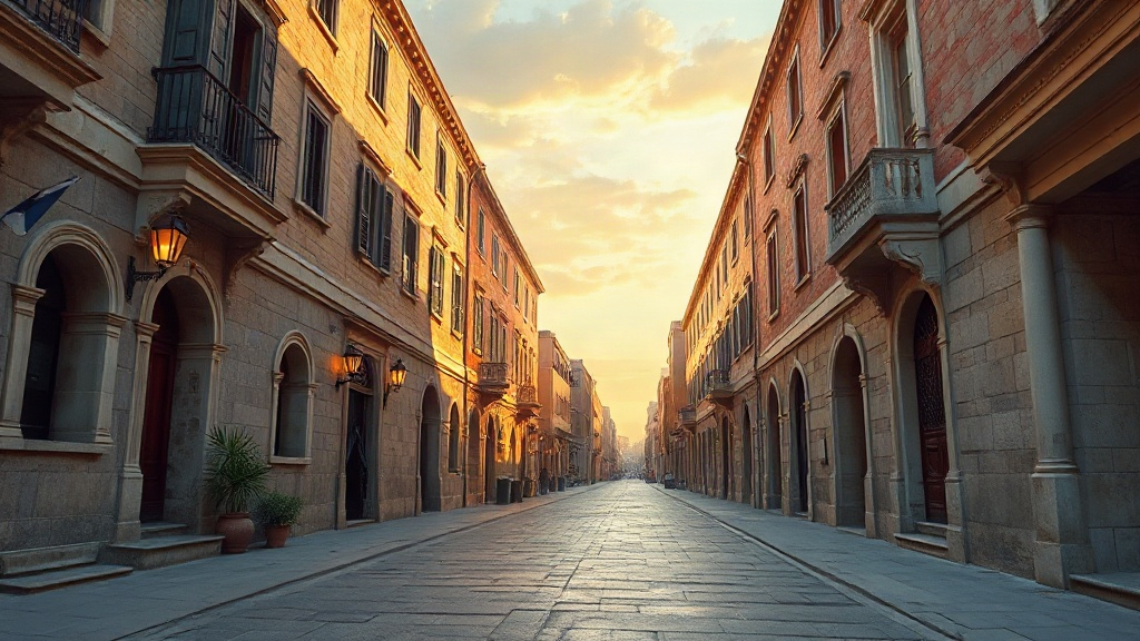 Empty Roman-era stone street at dawn with soft light, painterly and quiet