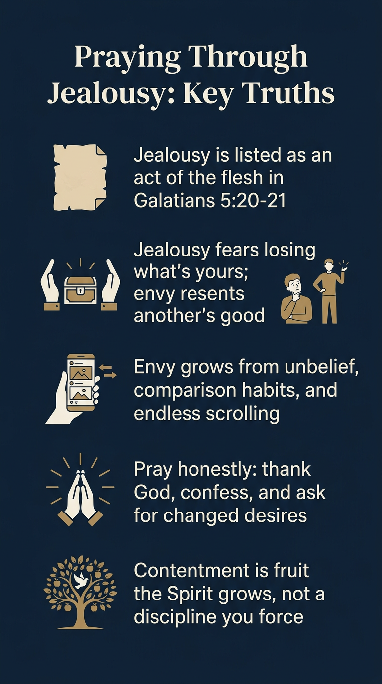 Infographic summarizing key truths about praying through jealousy and envy from Galatians 5