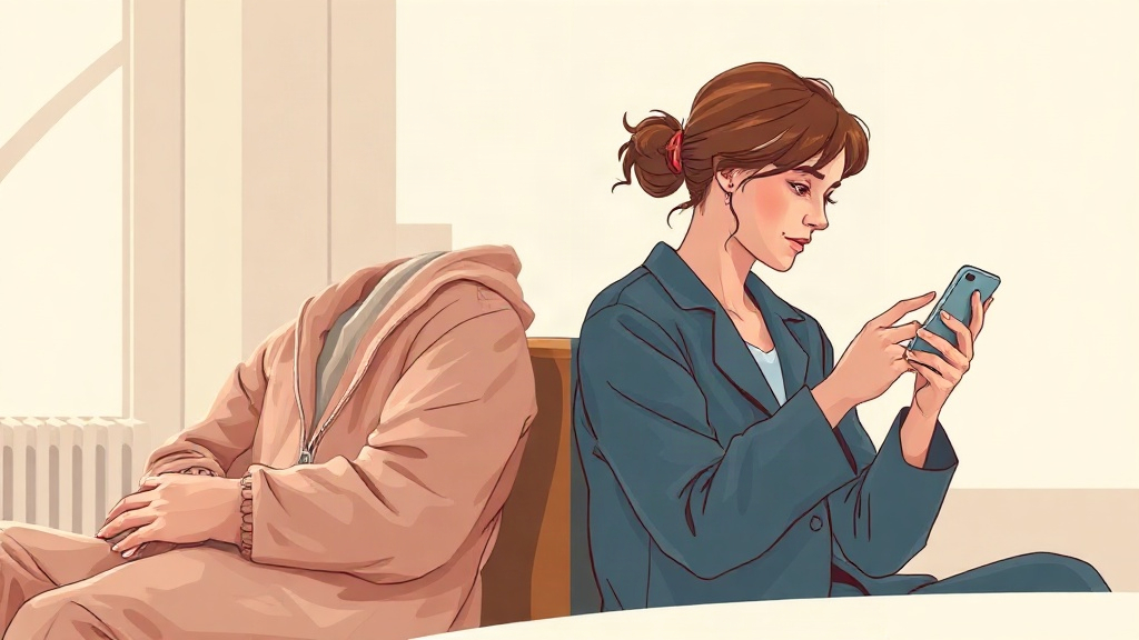 Illustration contrasting quiet unseen service with checking social media for approval
