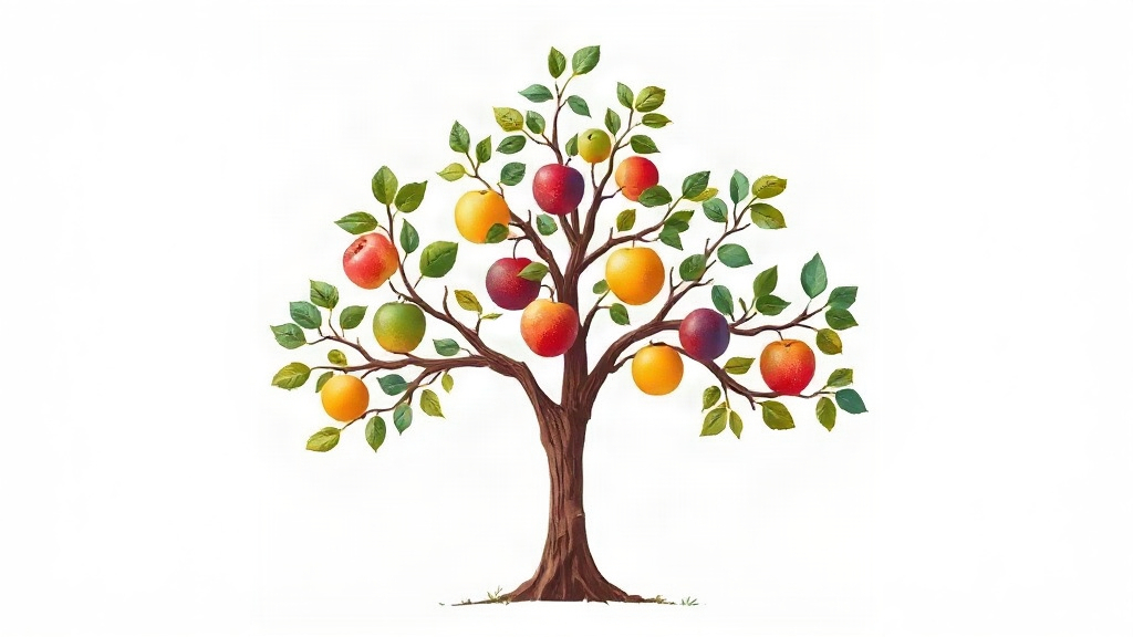 Diagram of one tree bearing the nine fruits of the Spirit from Galatians 5:22-23