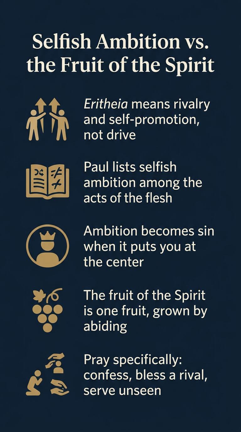 Infographic comparing selfish ambition with the fruit of the Spirit in Galatians 5